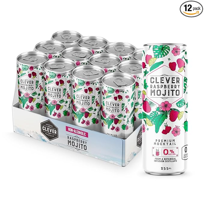 CLEVER - Raspberry Mojito Nonalcoholic Mocktails for Any Occasion Sugar-Free Beverages with Botanical Extracts Low-Calorie Mocktails Non-alcoholic Drinks with 10 Calories Pack of 12 (12 oz Ea)