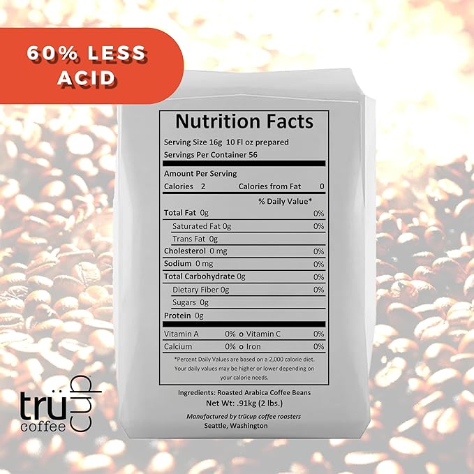 trücup Low Acid Coffee Whole Bean Coffee Medium Roast 2 LB Natural Water&ampSteam Process (60% Less Acid) Smooth Flavor Stomach-Friendly Rich in Antioxidants