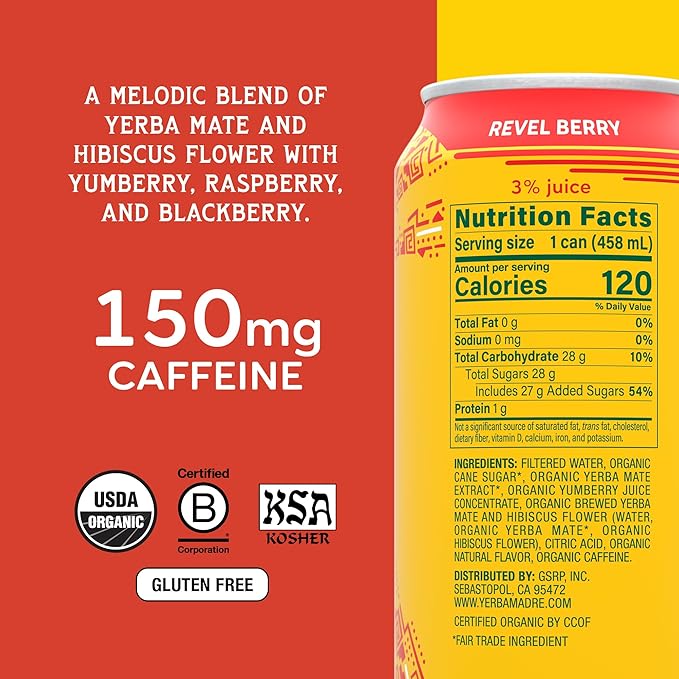 Yerba Madre Organic Yerba Mate Energy Drink Alternative Full-Sugar Variety Pack 150mg Plant Based Caffeine Smooth Energy &amp Focus No Jitters or Crash 15.5oz Cans (Pack of 12)