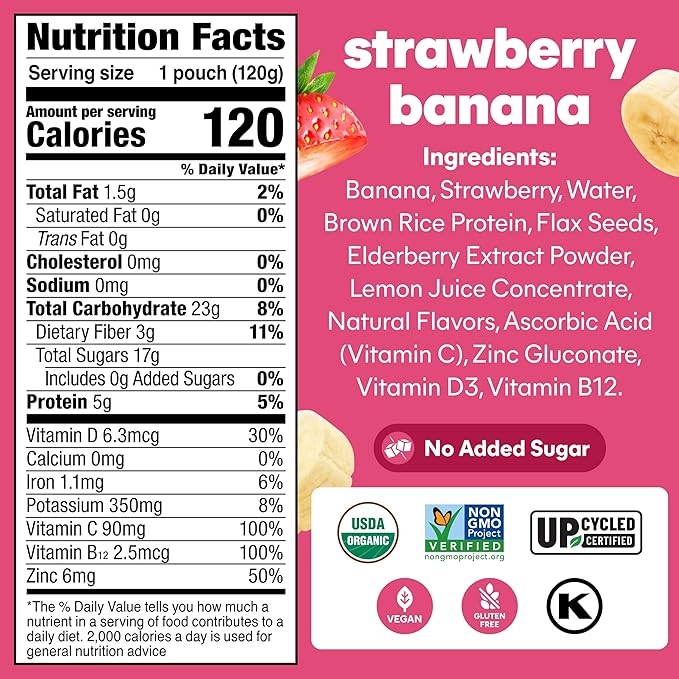 Noka Organic Superfood Fruit Smoothie Pouches Strawberry Banana with Immune Support Healthy Snacks with Elderberry Vitamin C Flax Seed and Plant Protein Gluten Free Vegan 4.22 oz (12 Pack)
