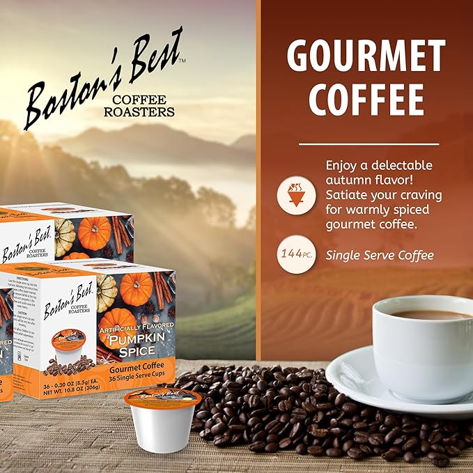 Boston’s Best - Fall-Inspired Pumpkin Spice Coffee Medium Roast Flavored Gourmet Flavour Compatible with Keurig Coffee Maker 1 Count (144 Single Serve Cups)