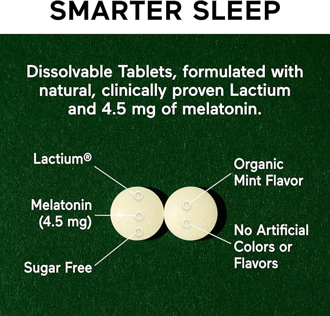 Smarter Nutrition Smarter Sleep Melatonin Dissolvable Tablets 4.5mg + Natural Clinically Proven Lactium® - Sleep &amp Stress Support - Mint Flavor Melatonin Tablets - Non-GMO-360 Count[180-Day Supply