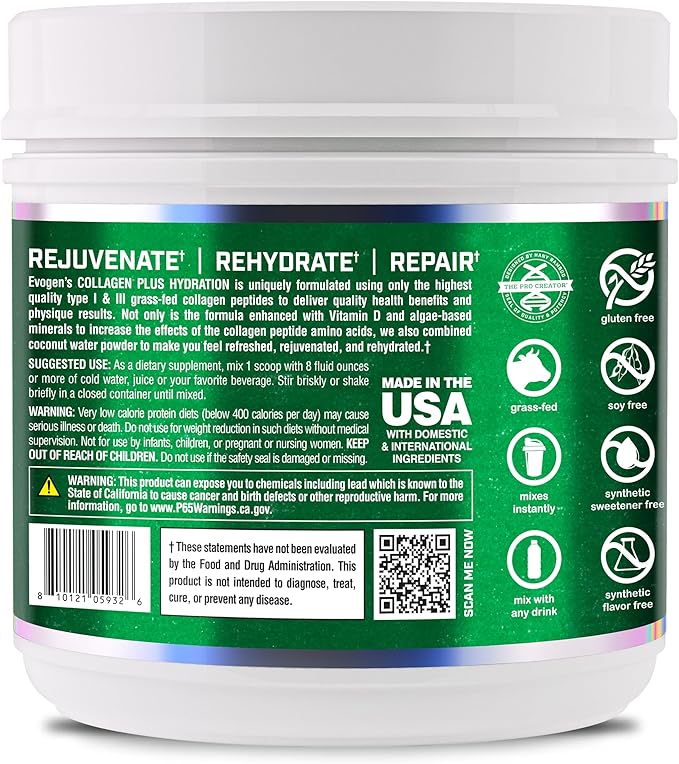 Evogen Collagen Plus Hydration - Grass-Fed Collagen for Women &amp Men | Collagen Peptides Powder | Collagen Powder Supporting Skin Vitality Hydration Joint &amp Tissue Health | Peach Mango | 30 S