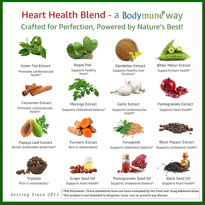 Heart Health Blend CholesterolSupport | USDA Organic Supplement w/Extracts of Green Tea Dandelion Bitter Melon Moringa | 60-Day Supply | Vegan Non-GMO Gluten-Free Made in USA