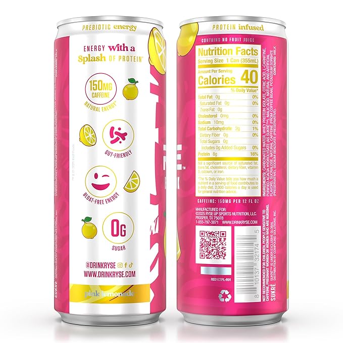 RYSE Functional Energy Drink - Country Time Pink Lemonade - 150mg Natural Caffeine 8g Whey Protein &amp 1g Prebiotics - Sugar Free Gut-Friendly Bloat-Free - 12 fl oz Cans (12-Pack)