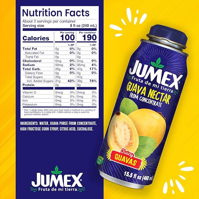 Jumex Guava Nectar Lata Botella - Made with Fresh Fruit Puree - Guava Juice Concentrate for Tropical Fruit Smoothie Mix Cocktail Mixers &amp Kids Beverages - 15.5oz 24 Pack Resealable Juice Bottles