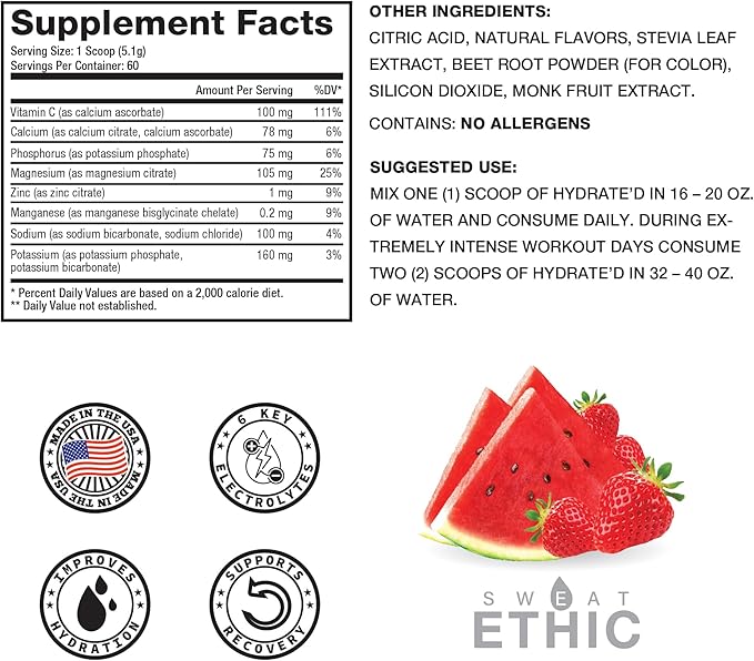 Sweat Ethic Hydrate’D Electrolytes Electrolyte Powder with Potassium Magnesium &amp Vitamin C Easy Mix Powder for Hydration &amp Performance Support Strawberry Watermelon Flavor 60 Servings