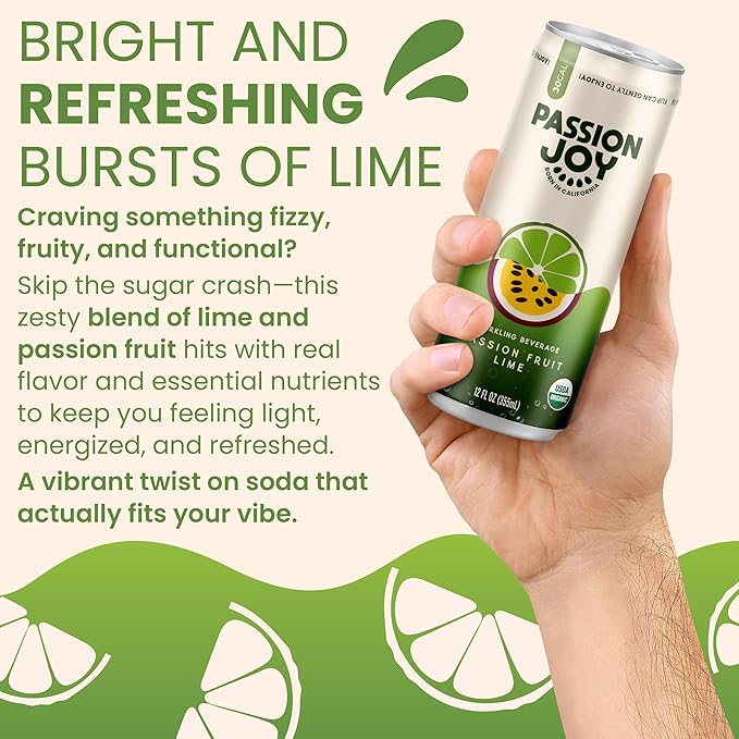 Passion Joy Organic Soda – Passion Fruit &amp Lime 12 oz Slim Cans (Pack of 12)