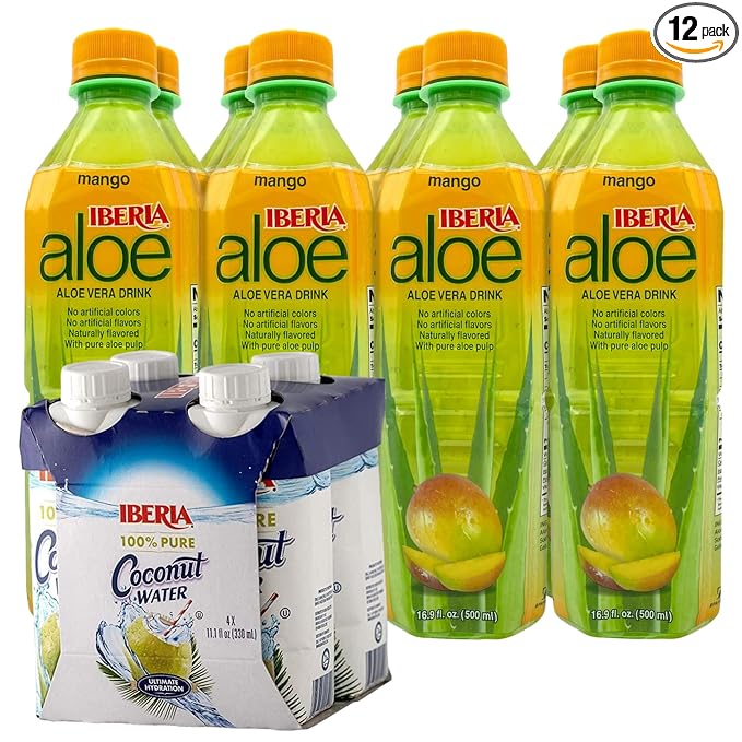 Iberia 100% Natural Coconut Water 11.1 Oz (Pack Of 4)+ Iberia Aloe Vera Drink with Pure Aloe Pulp Mango 16.9 fl oz. (Pack of 8)