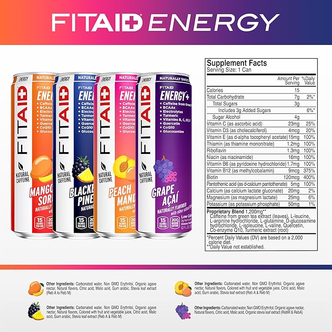 LIFEAID FITAID Energy 200mg Natural Caffeine Keto Variety Pack Optimum Performance Formula: BCAAs Quercetin Electrolytes Omega-3s 15 Calories Paleo Vegan &amp Gluten-Free 12 Fl Oz (Pack of
