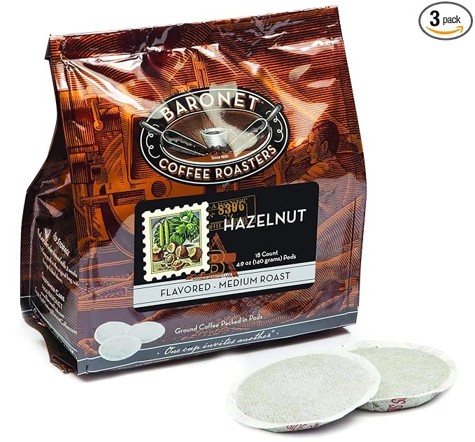 Baronet Coffee Pods [Hazelnut Flavored-54 Pods] Single Cup Use Like Senseo - 3 Bags of 18 Single Serve 8 Gram Regular Strength Medium Roast [Hazelnut]