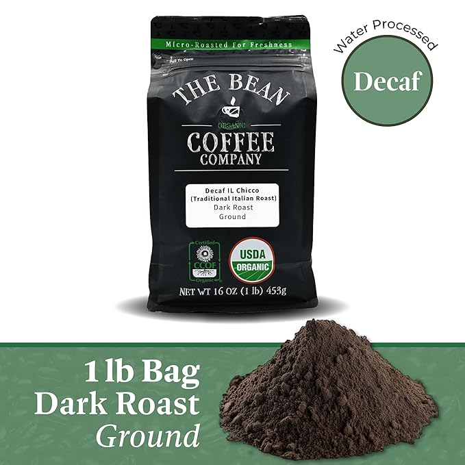 The Bean Organic Coffee Company Water Processed DECAF IL Chicco (Traditional Italian Roast) Dark Roast Ground Coffee 16-Ounce Bag Café Molido Tostado Orgánico descafeinado