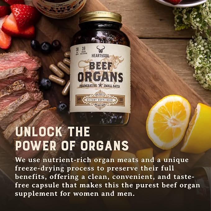 HEART &amp SOIL – 100% Grass Fed &amp Finished Beef Organs from Regenerative Cattle with Liver Heart Kidney Pancreas &amp Spleen – 3000mg Beef Organ Supplement for Women &amp Men – Glass Bottle