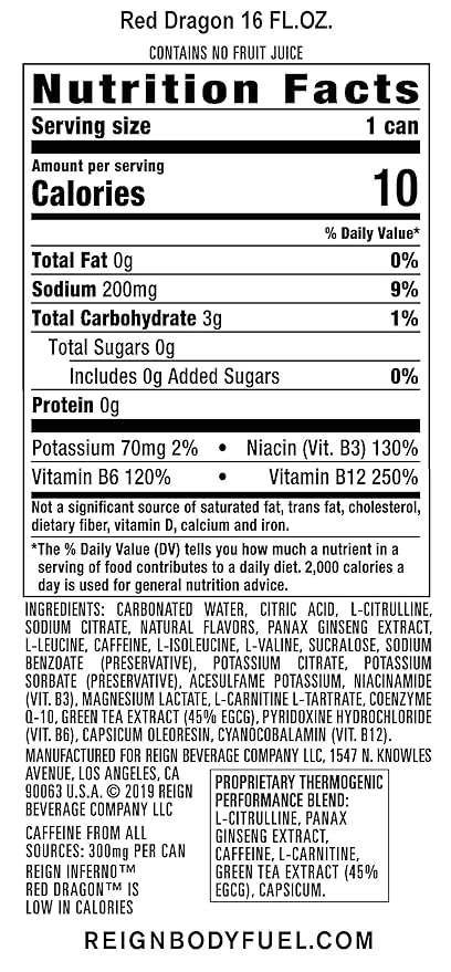 Reign Inferno Red Dragon Thermogenic Fuel Fitness and Performance Drink 16 Fl Oz (Pack of 12)