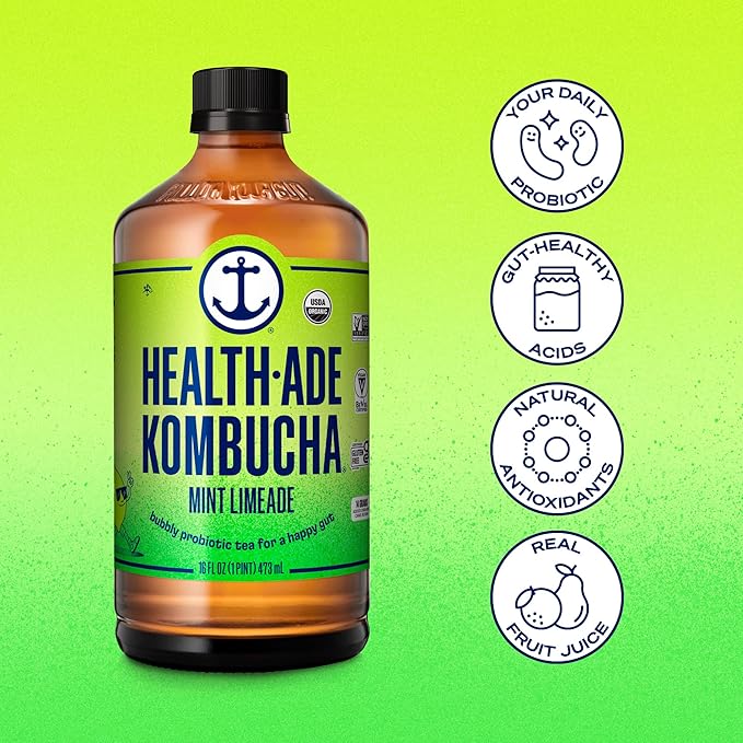 Health-Ade Kombucha Tea Organic Drink Fermented Tea with Living Probiotics Detoxifying Acids Supports Gut Health Non-GMO Vegan Gluten Free 12 Pack (16 Fl Oz Bottles) Mint Limeade