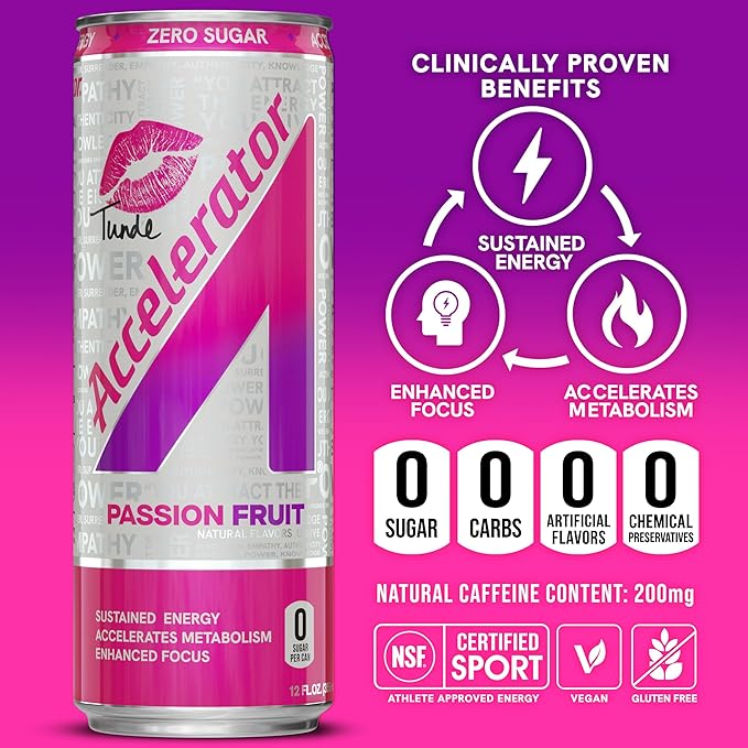 Accelerator Energy Drink Passion Fruit 12oz can (12 pack) Zero Sugar Sustained Energy from 100% Natural Caffeine (200mg from Green Coffee Bean &amp Green Tea extract)