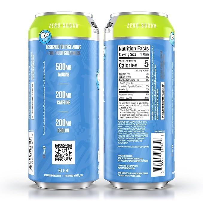 RYSE Fuel Energy Drink - Sour Punch Blue Raspberry - Sugar Free Gluten Free &amp Vegan - 200mg Natural Caffeine Taurine &amp Choline for Focus &amp Energy - No Artificial Colors - 16 fl oz Cans (