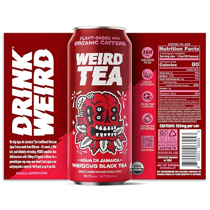 Drink Weird Organic Agua de Jamaica Hibiscus Black Tea – 16oz Cans 160mg Organic Caffeine Pack of 12 – Bold &amp Refreshing Energy Drink Alternative