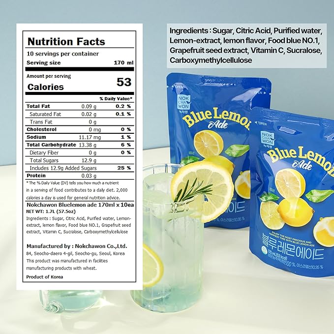 [Nokchawon] Blue Lemonade Drink Pouch (10 Pack) - Ready to Serve Fruit Juice for Ice Cups - Refreshing Korean Pouch Drink for Spring Break Picnics and Cocktail Mixers - 6.42 fl oz