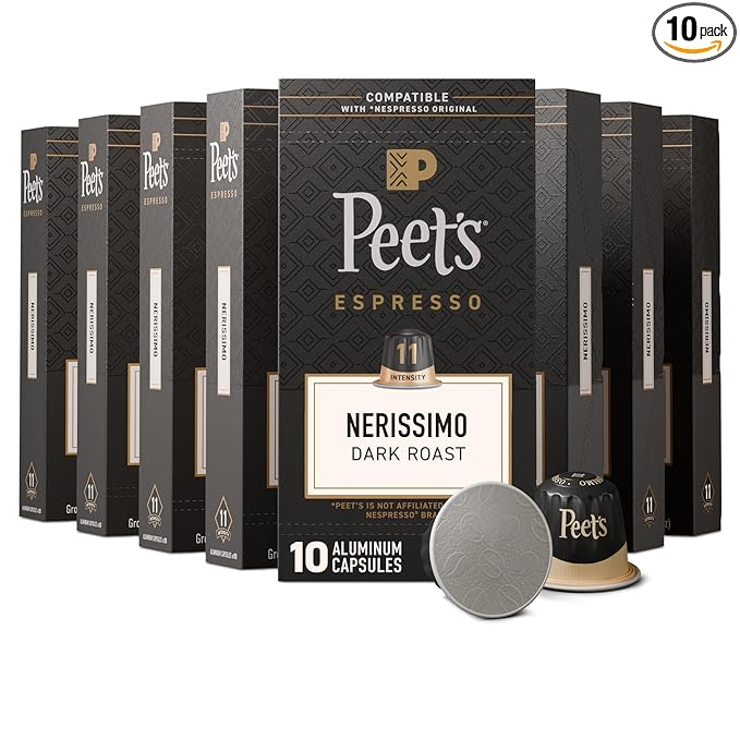 Peet's Coffee Dark Roast Espresso Capsules Compatible with Nespresso Original Machine 100% Arabica Coffee - Nerissimo Intensity 11 100 Count (10 Boxes of 10 Espresso Capsules)