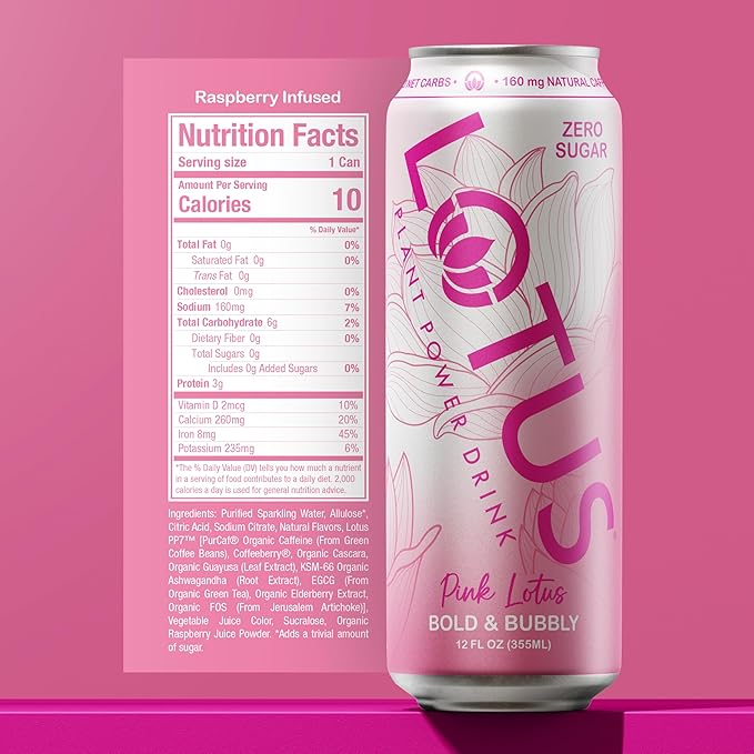 Pink Lotus Plant Power Drink™ | Sugar Free Low Calorie | 160 mg Natural Caffeine from Green Coffee Bean | Plant-Based Ingredients | Zero Sugar | 10 Calories | 12 oz Cans | 12 Count