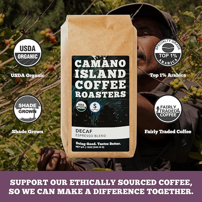 Camano Island Coffee Roasters Decaf Espresso Blend Ground 12oz Fresh Dark Roast Swiss Water Processed USDA Organic Fairly Traded Shade Grown Top 1% Arabica Sweet Molasses Mixed Berry Flavor