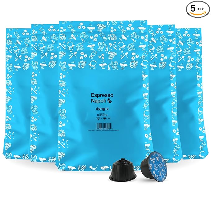 Dongiò Caffè Espresso Napoli Capsules Compatible with Nescafe Dolce Gusto system 100 Count of Single-Serve Coffee pods (5 Boxes of 20 capsules each) Dark Roast - Intensity 9/10