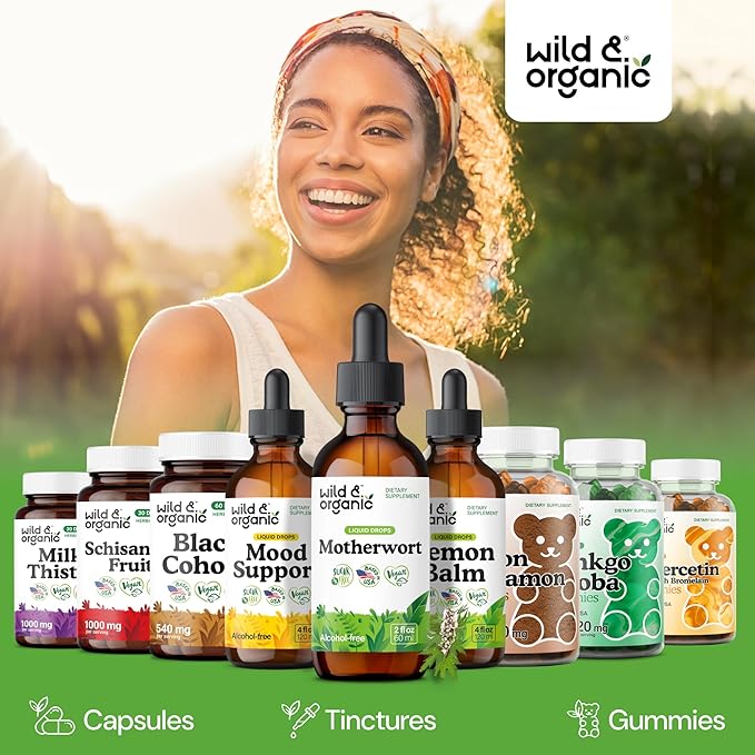 Wild &amp Organic Motherwort Tincture - Good Mood Calmness Women's Support - Motherwort Herb Extract Drops - Vegan Sugar &amp Alcohol-Free Supplement - 2 fl oz
