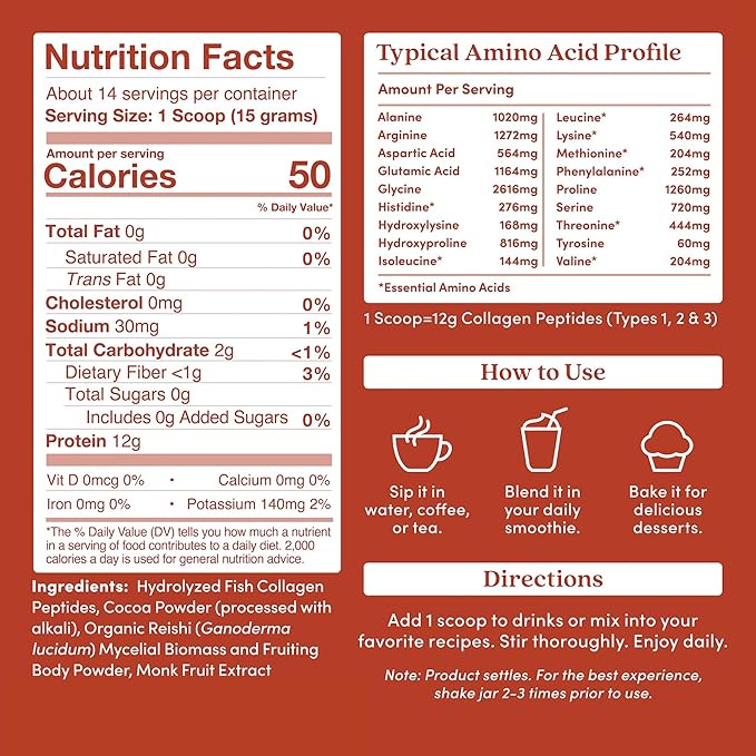 Further Food Chocolate Marine Collagen Peptides Powder with Reishi Mushroom Wild-Caught Sustainably Sourced Fish Hydrolyzed Type 1 2 &amp 3 7.41 Oz