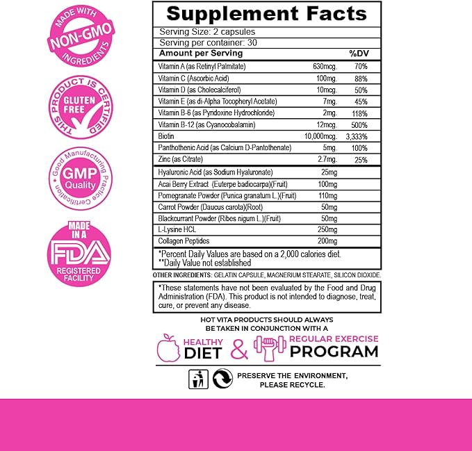 Hot Vita Hair Skin and Nails Vitamins – Biotin Collagen &amp Vitamin C Supplement for Immune Support Nail Strength Hair Growth &amp Skin Glow – Vegan Formula for Women – Supports a Radiant Comple