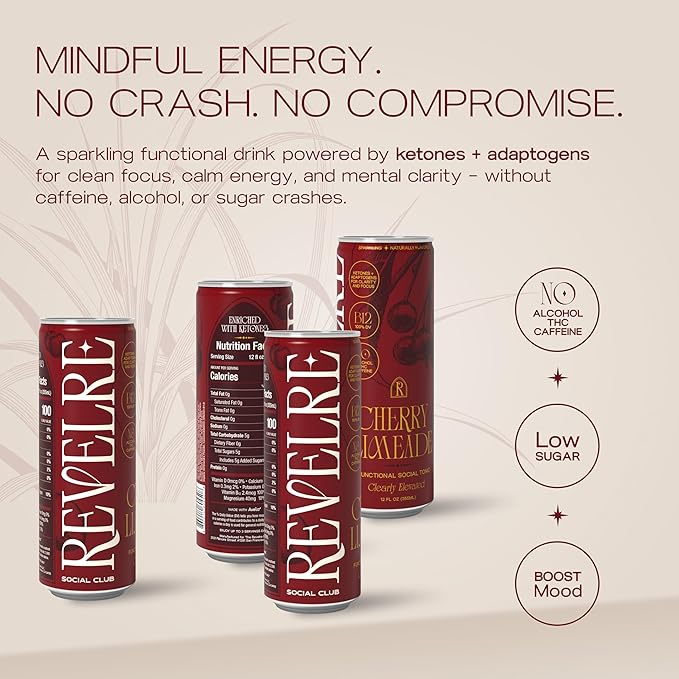 Revelre Functional Social Tonic with Ketones and Adaptogens - Mindful Blend for Focus and Calm - Ketones Magnesium B12 Reishi &amp Cordyceps Mushrooms - Non Alcoholic - Cherry Limeade 12 oz (4 Pa
