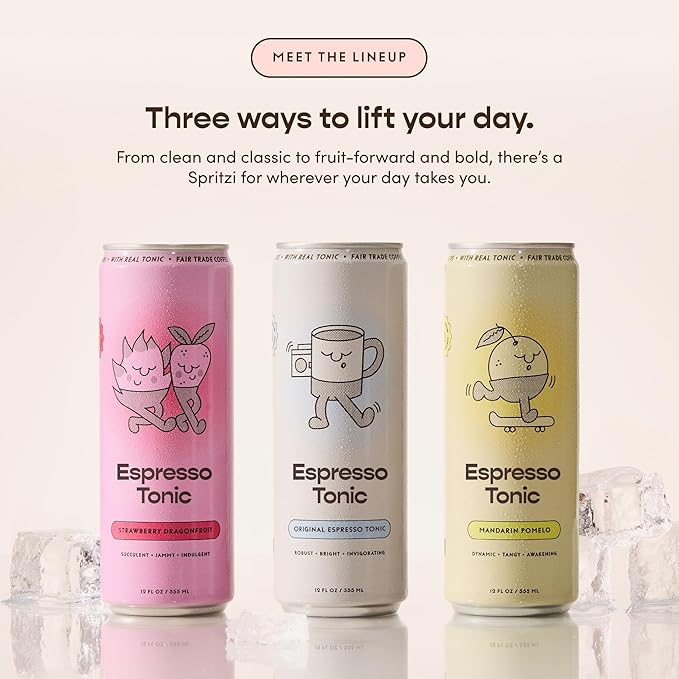 Spritzi Strawberry Dragonfruit - Sparkling Espresso Tonic - 75mg Caffeine 9g Sugar Fair Trade Coffee Naturally Sweetened Refreshing Energy Alternative - Canned Coffee Drinks (12 Fl Oz x 12 Pack)