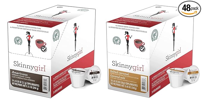Skinnygirl Flavored Coffee Pods Single Serve Coffee for Keurig K Cups Machines 24 Count Americano Espresso Roast and 24 Count Salted Caramel 48 Total Recyclable Pods