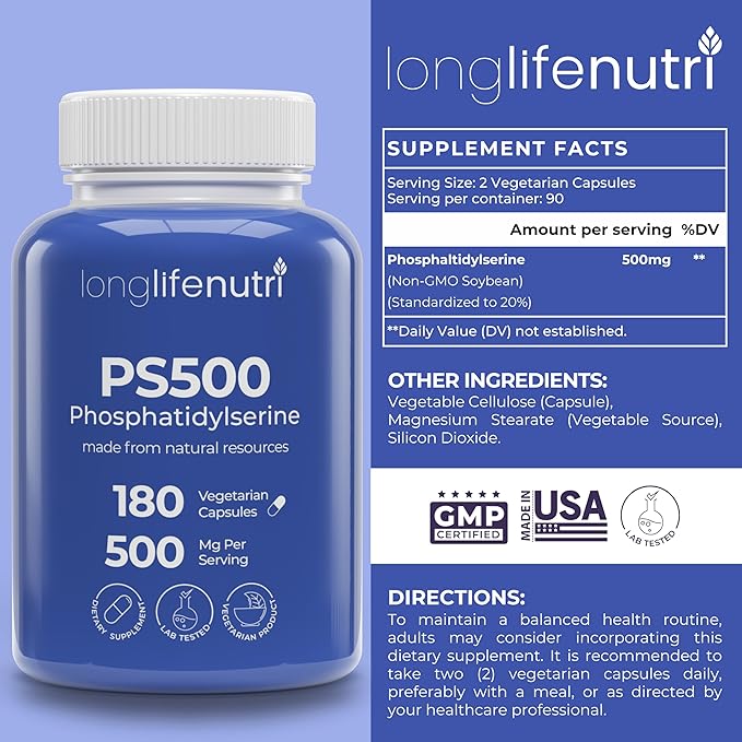 Phosphatidylserine Pure 500mg – 180 Vegetarian Pills 3-Month Supply Supplement for Strengthening Memory Focus &amp Cognitive Function Made in USA Lab Tested Soy Free Non GMO