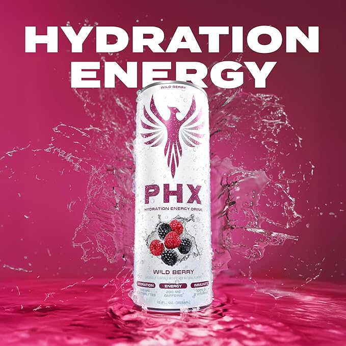 PHX Hydration Energy Drink - 700mg Electrolytes 200mg Natural Green Tea Caffeine 100% Daily Value 8 Essential Vitamins - 12 oz Cans (12 Pack) (12 Pack Wild Berry)