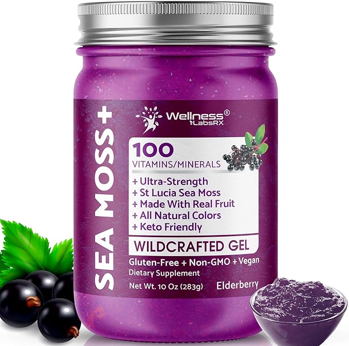 WELLNESS LABSRX Irish Sea Moss Gel Raw - Wildcrafted Superfood Seamoss Gel - Elderberry Flavor Vitamin and Mineral-Rich from Pristine Caribbean Waters Immune and Digestive Health Support - 10 oz.