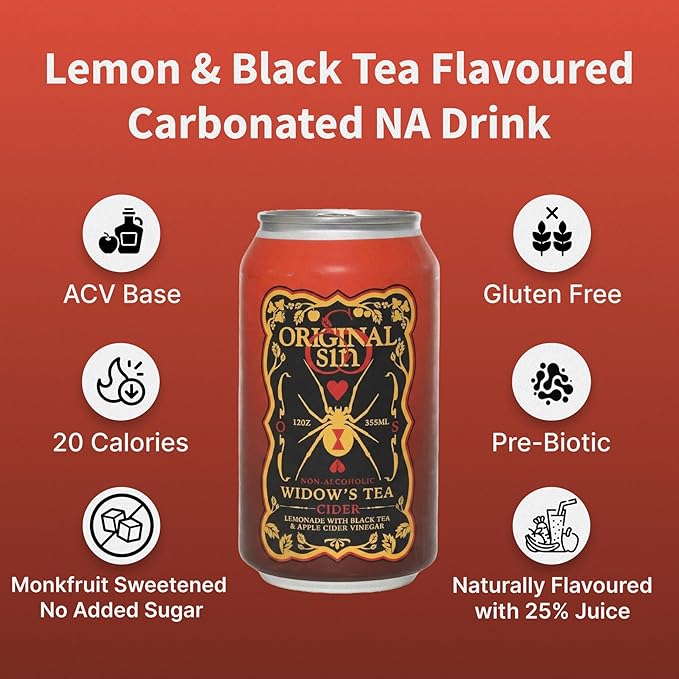 Original Sin Non Alcoholic Cider - Widow Tea | Sparkling Apple Cider Vinegar Drink with 25% Fruit Juice | Sugar Free Non Alcoholic Drinks- Lemonade with Black Tea Flavour