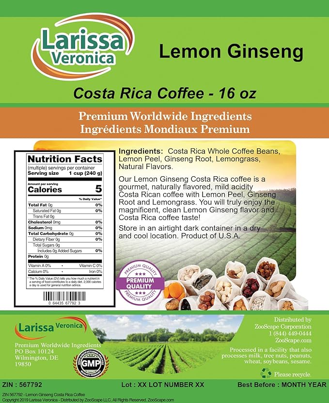 Lemon Ginseng Costa Rica Coffee (Gourmet Naturally Flavored Whole Coffee Beans) (16 oz ZIN: 567792) - 3 Pack
