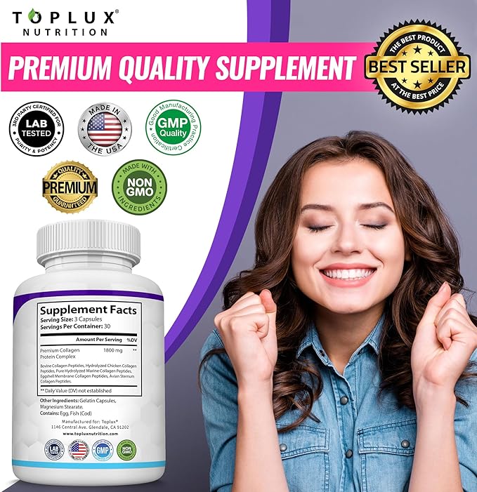 Toplux Multi Collagen Peptides Pills 1800 Mg Complex - Type I II III V X Premium Collagen Complex for Better Skin &amp Hair Strong Joint Hydrolyzed Protein for Men Women 90 Capsules Suppleme