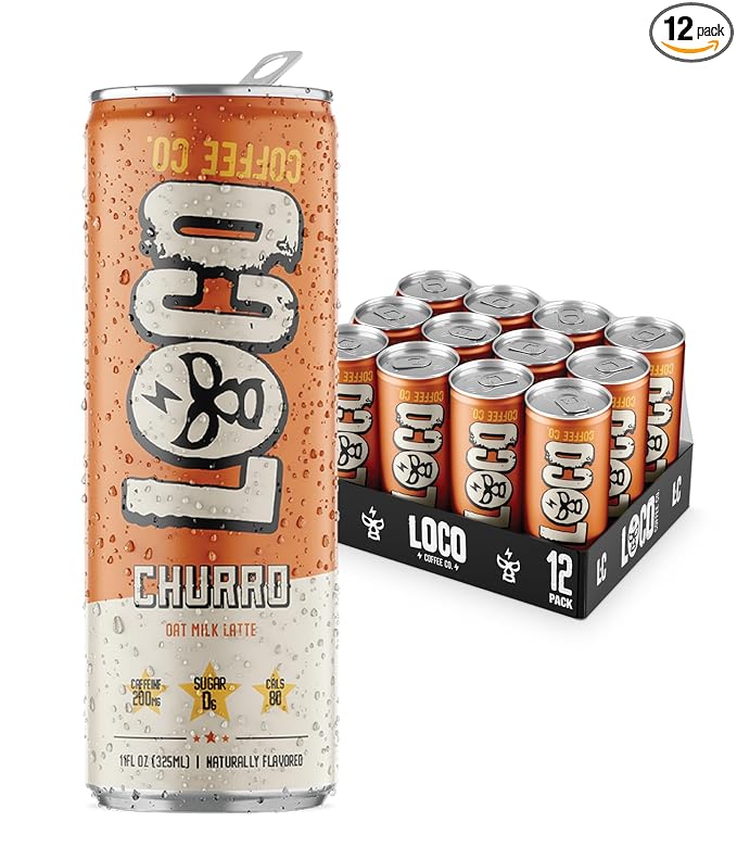 Loco Coffee Churro Latte 11 Ounce Can 12 Count | Zero Sugar 200mg Caffeine | Gluten Free and Dairy Free | Low Calorie Iced Coffee