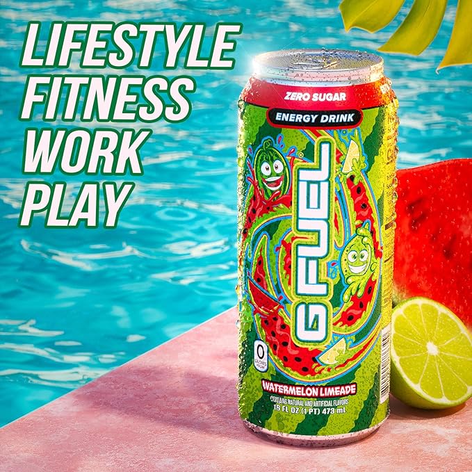 G Fuel Energy Drink Watermelon Sugar Free Beverage with 300mg Caffeine Daily Energy Boost with Focus Amino Vitamin + Antioxidants 16 oz Cans (Watermelon Limeade 12-Pack)