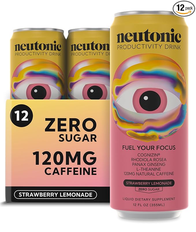 Neutonic Nootropic Productivity Energy Drink | Strawberry Lemonade 12 Cans | 120mg Natural Caffeine Zero Sugar | Support Memory Mental Clarity Cognitive Function | Boost Focus Energy Brain Health