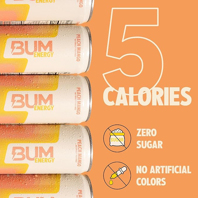 BUM Sugar-Free Energy Drink Peach Mango - Lightly Carbonated &amp No Artificial Colors Natural Caffeine &amp Citicoline for Energy &amp Focus Brain Boost &amp Workout Sports Beverage - 12 oz P