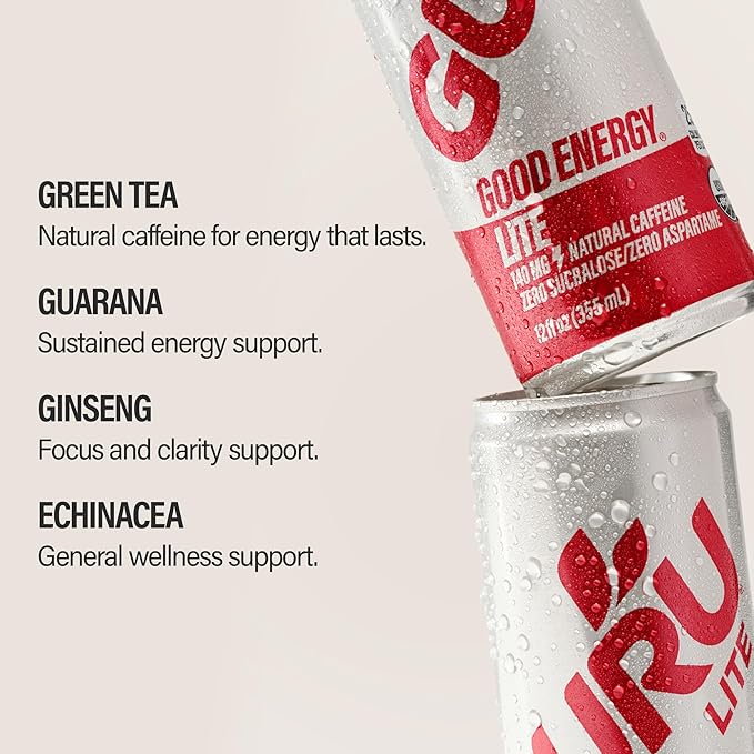 GURU Lite Organic Energy Drinks Clean Energy Drink with Plant Based Natural Caffeine from Green Tea Low Calorie Gluten Free and Vegan 140MG Caffeine Healthy Drinks 12oz (Pack of 12)