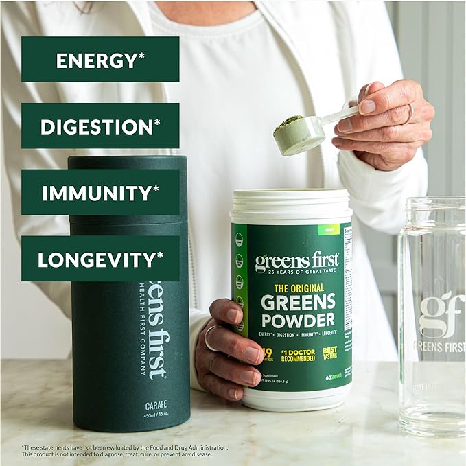 Greens First Gift Set - Limited Edition Glass Carafe &amp Organic Greens Powder - 49 Superfoods - Prebiotics Probiotics &amp Digestive Enzymes - Dairy Free Vegan &amp Non-GMO (Mint 30 Servings)