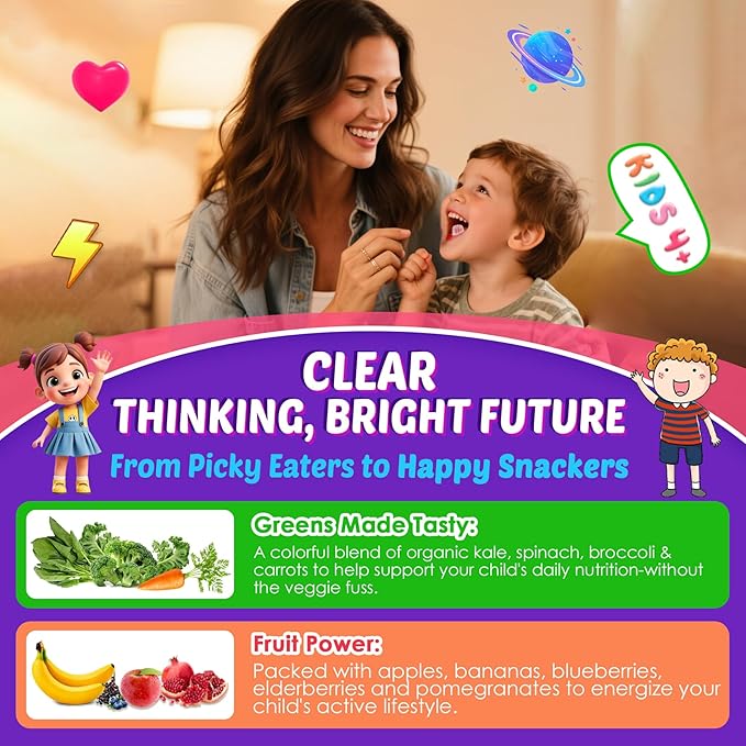 Kids Brain Gummies with Lion's Mane Mushroom Methyl B6 B9 B12 Supper Greens Lutein Brain Booster Supplement for Focus &amp Attention Cognitive Function Vision &amp Energy Sugar Free Vegan