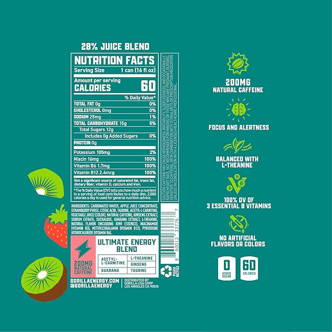Gorilla Energy Drink Kiwi Strawberry &amp Ultimate 200mg Natural Caffeine Real Fruit Juice Squeezed &amp Concentrated No Added Sugar and No Artificial Colors 24 Cans