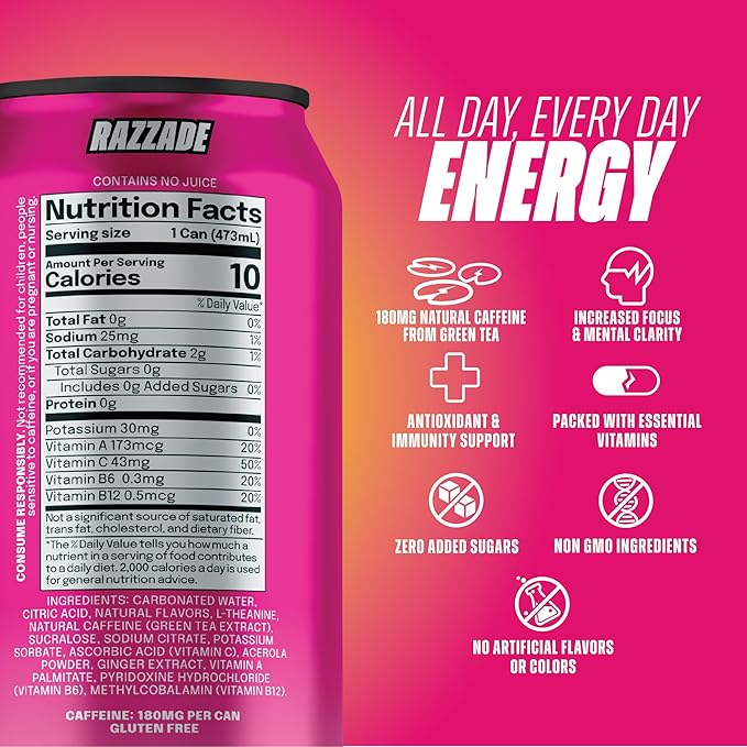 LICK Energy Drink - Zero Sugar No Crash Green Tea Caffeine (180mg) with Antioxidants and Vitamins A B6 B12 and C 16oz (12pk) - Razzade/Raspberry Lemonade