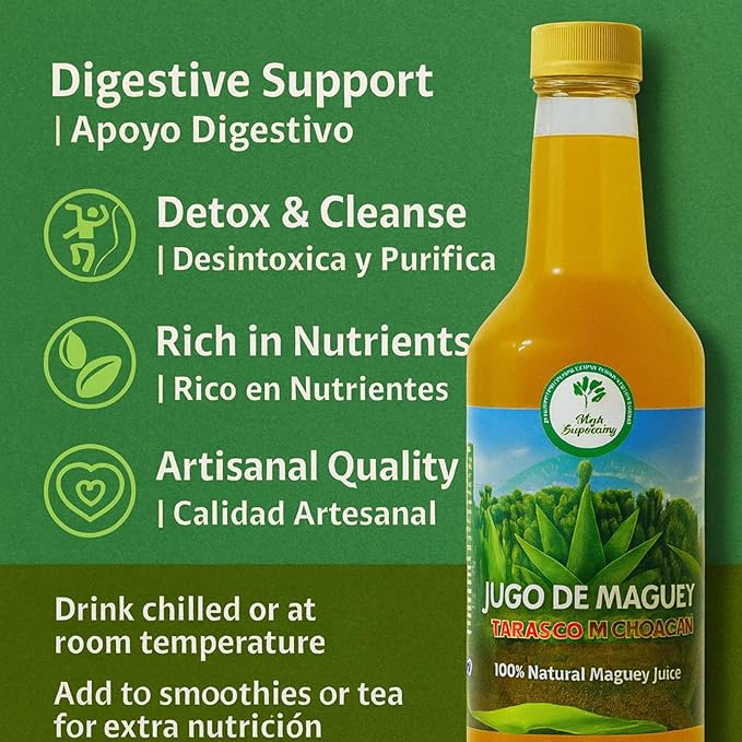 Maguey Juice – 1000 ml (1 L) – Pure Agave Jugo Maguey – Vegan 100% Artisanal Non-GMO – Natural Digestive Support – Rich in Vitamins B2 B3 &amp C Iron Calcium Magnesium &amp Zinc – Hecho en Méx