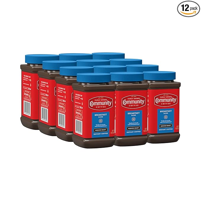 Community Coffee Breakfast Blend Instant Coffee Medium Roast 7 Ounce Jar (Pack of 12)